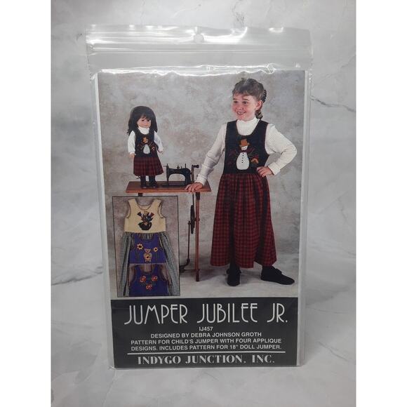 1996 Indygo Junction Girls plus 18" Doll Jumper Jubilee Applique Sewing Pattern - Picture 1 of 6